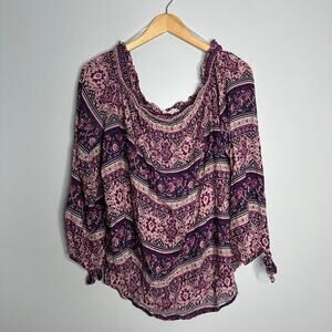 Beach Lunch Lounge Women's Pink Patterned‎ Off the Shoulder Tie Sleeve Blouse XL